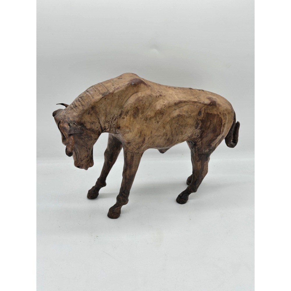 Vintage Leather Wrapped Bull Figurine Rustic Handcrafted Animal Sculpture Brown
